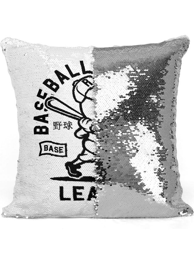 Baseball Champion Sequin Decorative Throw Pillow White/Black/Silver 40x40cm - Image 3