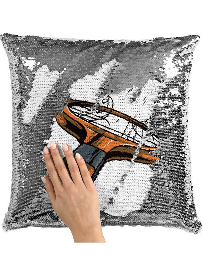 وسادة زينة للديكور مزينة بالترتر بتصميم مضرب تنس أبيض/برتقالي/أصفر 40x40سم - Image 2