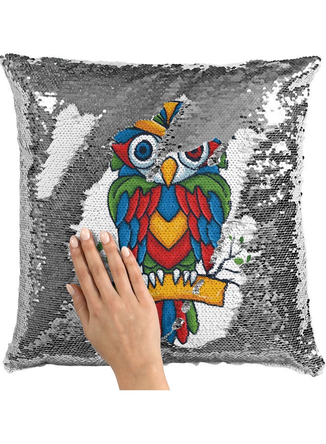 وسادة زينة للديكور مزينة بالترتر بتصميم بومة لطيفة أبيض/أحمر/فضي 40x40سم - Image 2