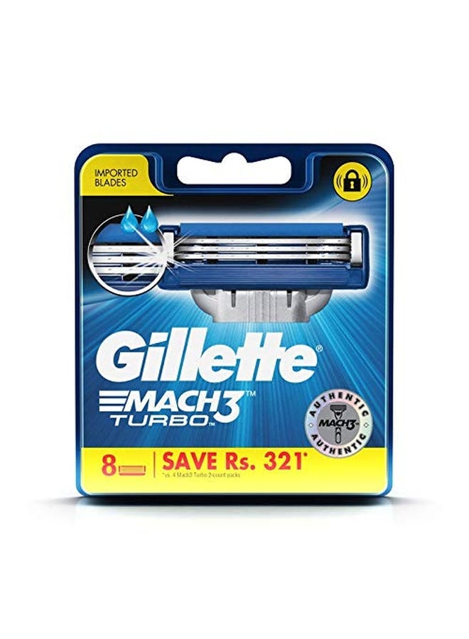 Gillette - Pack Of 8 Mach 3 Turbo Shaving Razor Blades Silver/Blue - Image 1