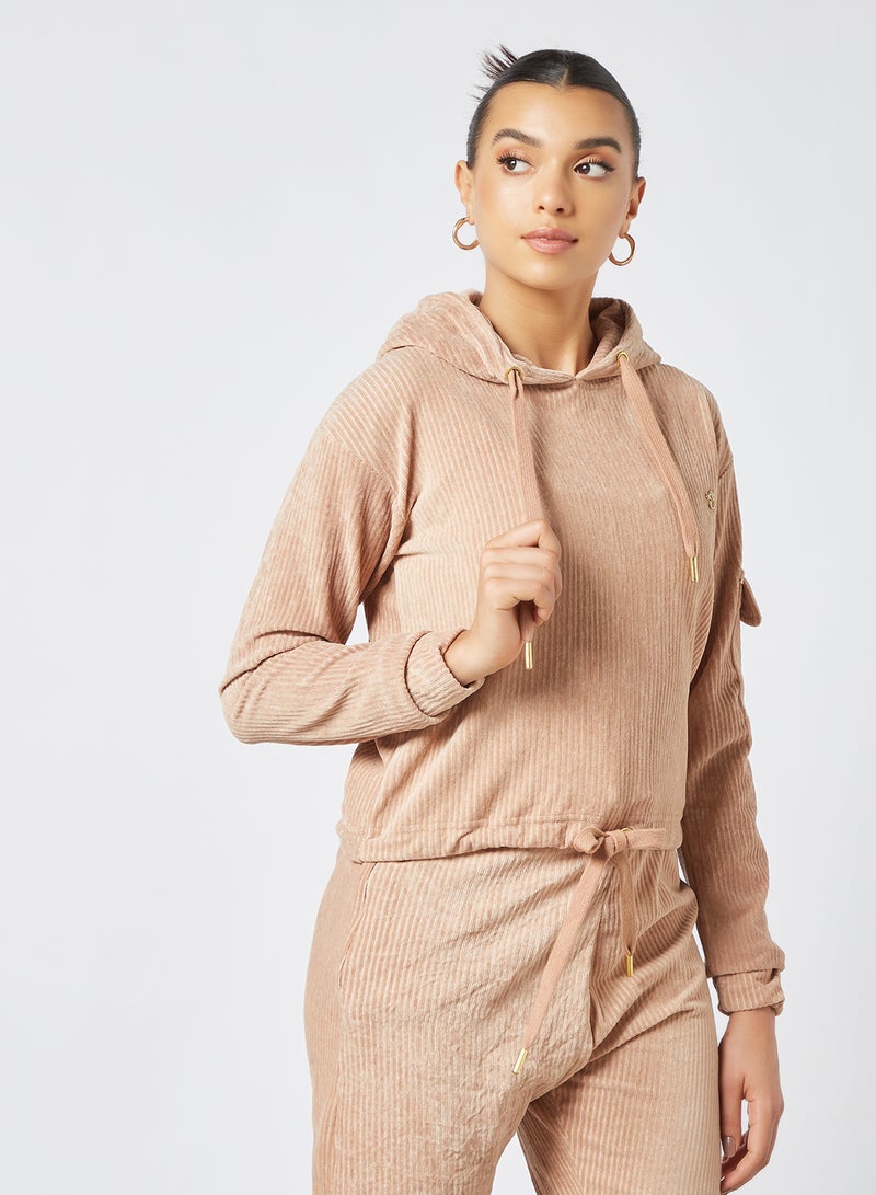 Sian Marie - Tie Hem Ribbed Hoodie Beige - Image 1