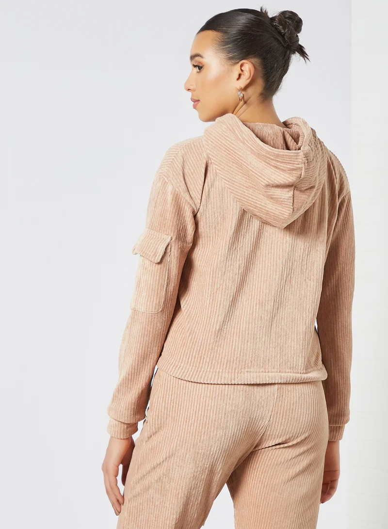 Sian Marie Tie Hem Ribbed Hoodie Beige