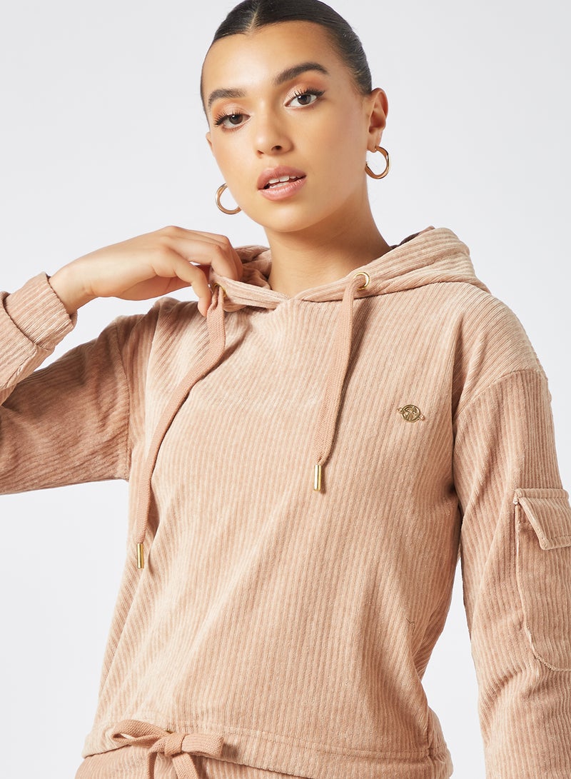 Sian Marie - Tie Hem Ribbed Hoodie Beige - Image 1