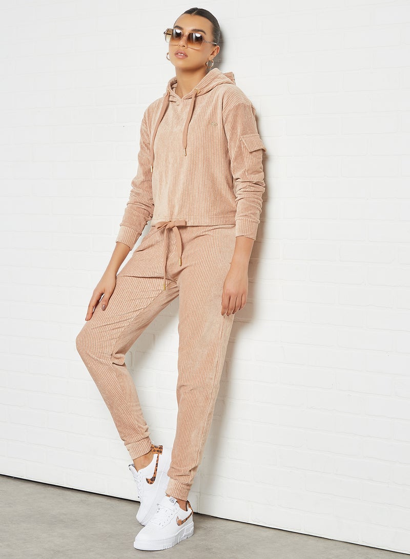 Sian Marie - Tie Hem Ribbed Hoodie Beige - Image 1