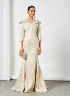 Si FASHION GALERIE Jacquard Bardot Maxi Dress Gold  - Image 3