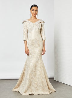 Si FASHION GALERIE Jacquard Bardot Maxi Dress Gold  - Image 1