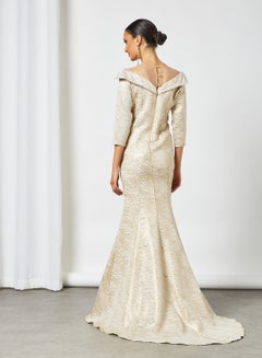 Si FASHION GALERIE Jacquard Bardot Maxi Dress Gold  - Image 2