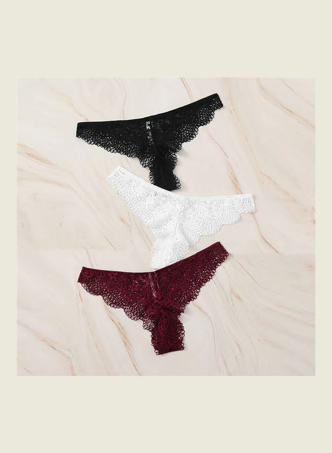 Pack Of 3 Lace Design G-String Briefs Black/White/Brown - Image 1