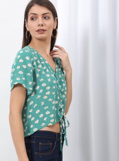OFFROAD Fashionable Floral Printed Crop Top Teal/White/Yellow  - Image 1