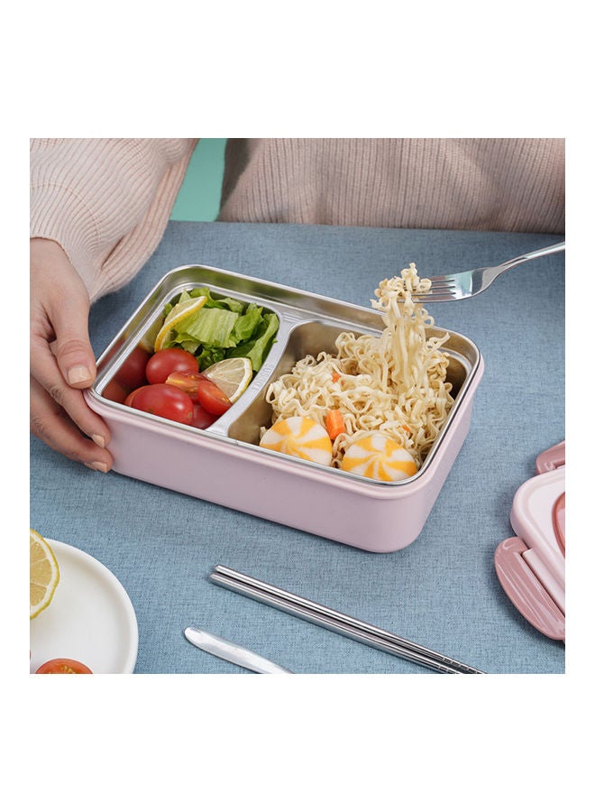 Generic - Divided Lunch Box With Tableware Set Pink/Silver 21.3x14.5x7.5cm - Image 1