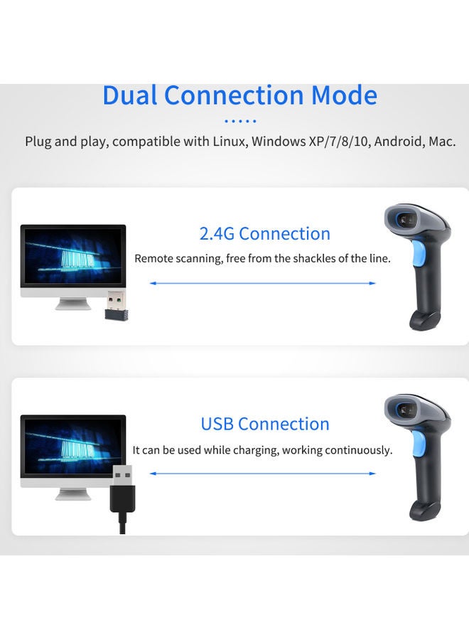 أيبيسي - ماسح باركود سلكي ولاسلكي بتصميم 1D محمول باليد مزود بمنفذ USB ومتوافق مع أنظمة التشغيل ويندوز وأندرويد وماك ولينكس الأسود / الأزرق - Image 1