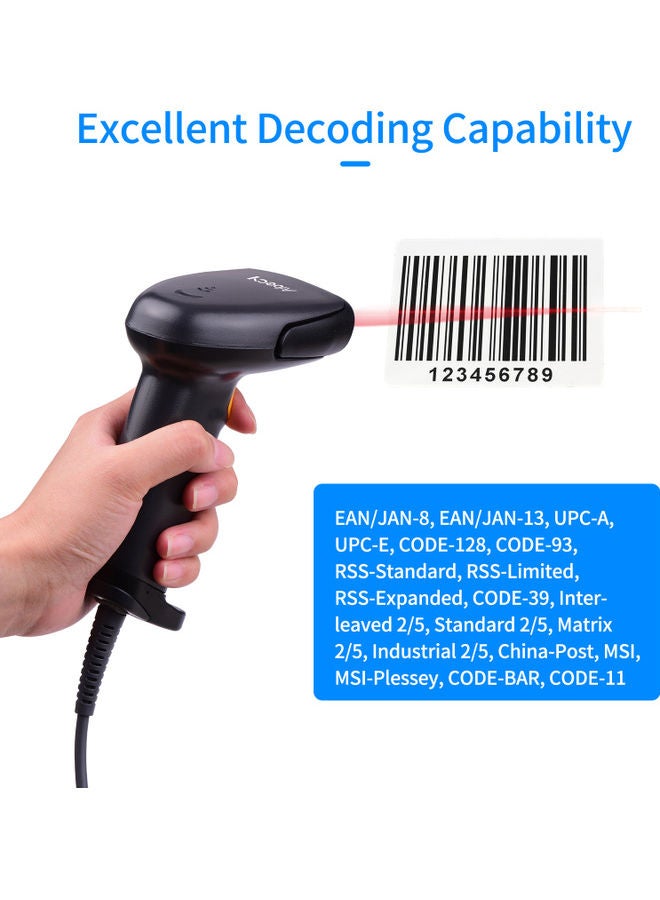 Aibecy Handheld 1D Barcode Scanner USB Wired Compatible with Windows Android Mac for Supermarket Library Logistics Warehouse Black - Image 2