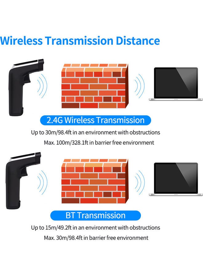 3-in-1 Handheld 1D/2D/QR Barcode Scanner Wireless and BT USB Wired Compatible with Windows Android Mac Black