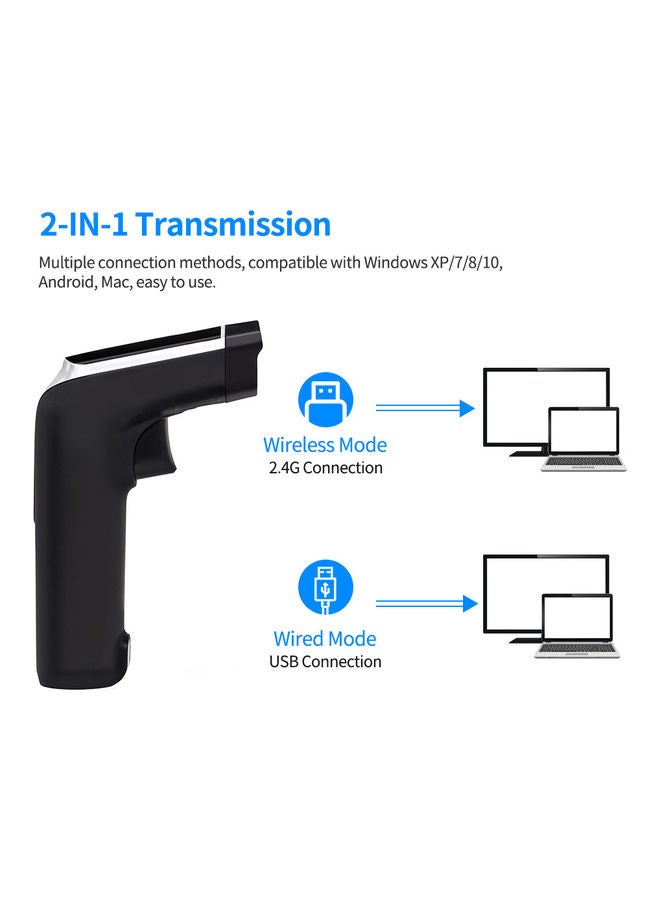 Aibecy - 2-in-1 Handheld 1D Barcode Scanner Wireless and USB Wired Compatible with Windows Android Mac Black/Silver - Image 1