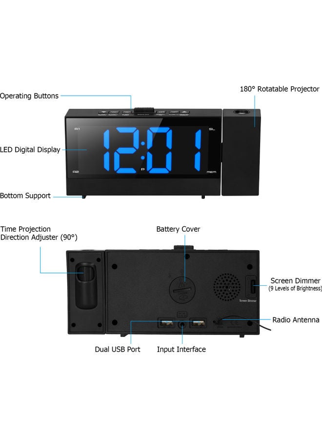 Digital Projection Alarm Clock With Large Screen Black 27.00X4.00X10.20cm - Image 4