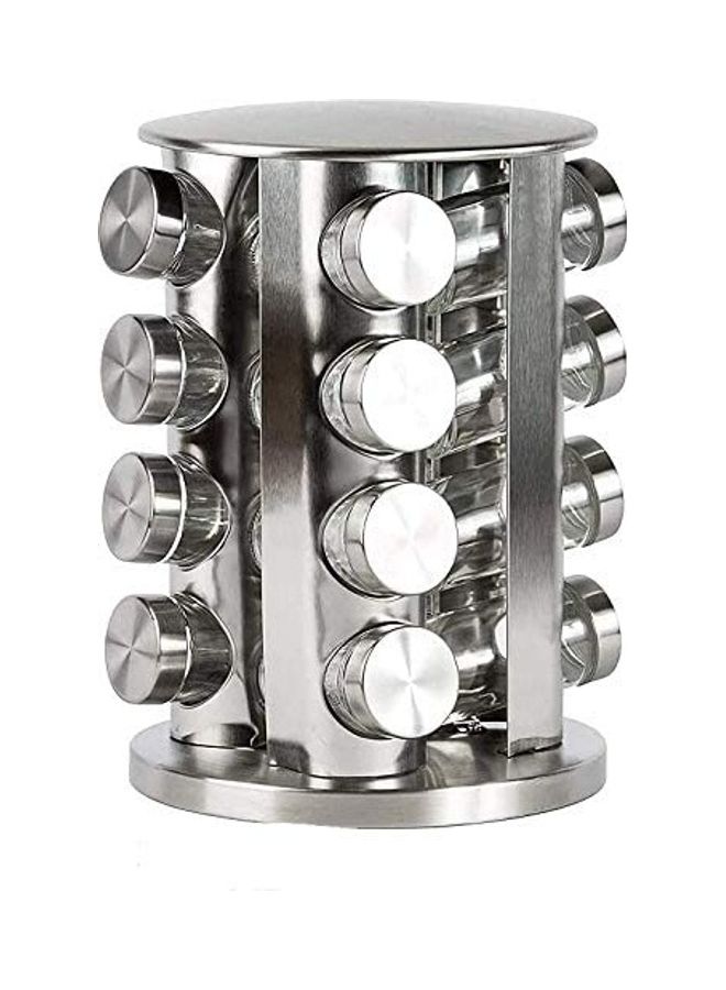 ARTC 16 Glass Jars Spice Rack Set Silver 20x20x30cm - Image 1
