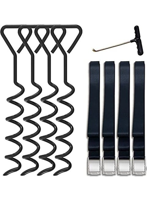 Set of 4 Heavy Duty Trampoline Part Corkscrew Shape Steel Stakes Anchor Kit with T Hook, 4 Strong Belt