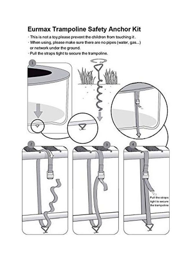 Set of 4 Heavy Duty Trampoline Part Corkscrew Shape Steel Stakes Anchor Kit with T Hook, 4 Strong Belt