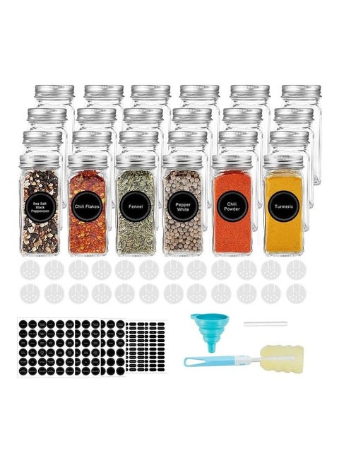 24-Piece Glass Spice Jar Set with Airtight Metal Caps - 120ml Empty Square Spice Containers with Shaker Lids, Labels, Silicone Collapsible Funnel, Sponge Brush, White board Pen Included Multicolour 120ml