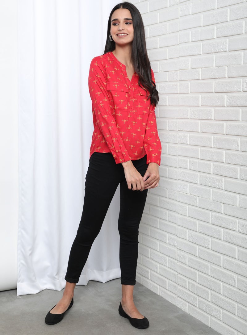 Aila Printed Pattern Notch Neck Top Red Aop - Image 1