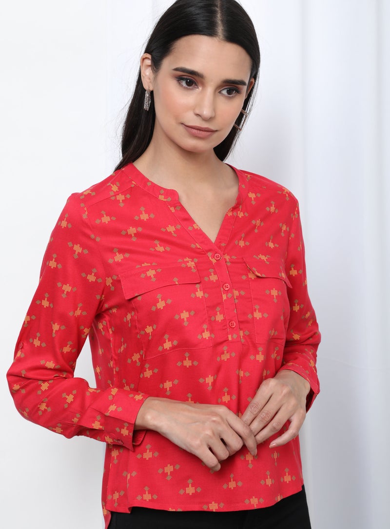 Aila Printed Pattern Notch Neck Top Red Aop - Image 2