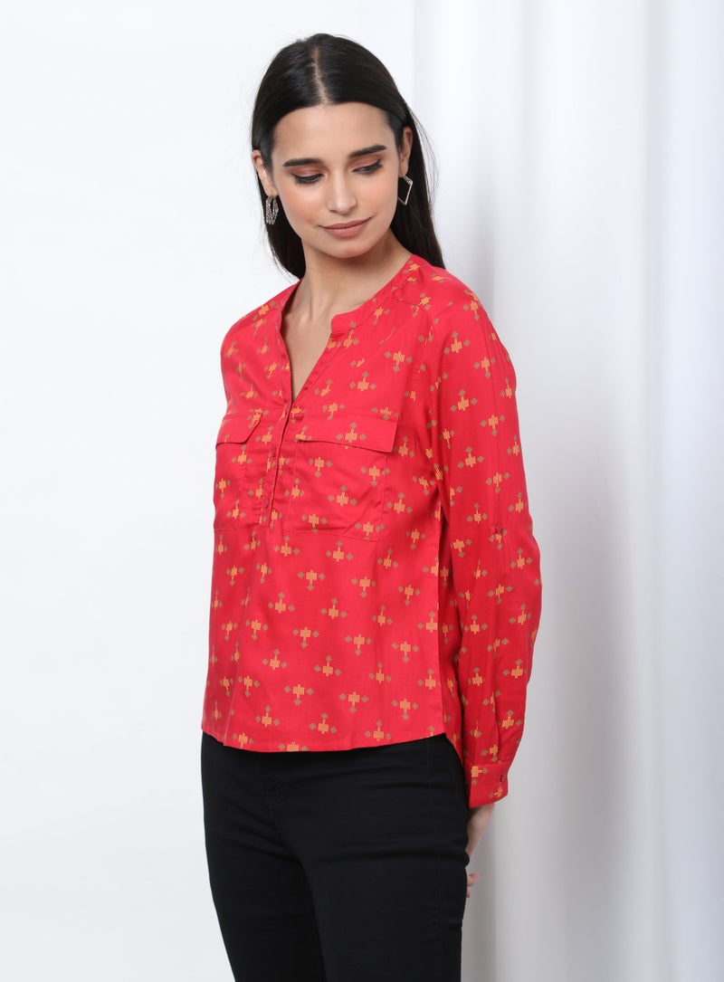 Aila Printed Pattern Notch Neck Top Red Aop - Image 3
