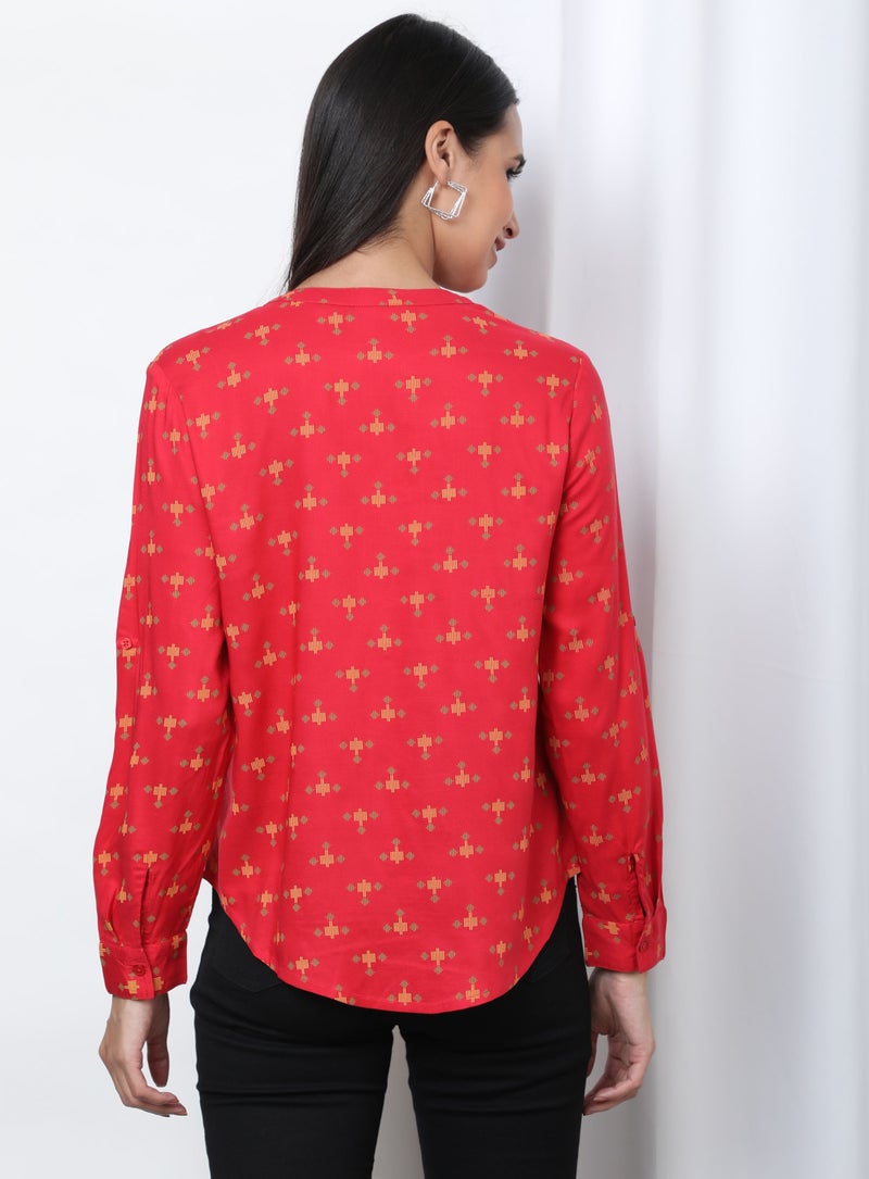 Aila Printed Pattern Notch Neck Top Red Aop - Image 4