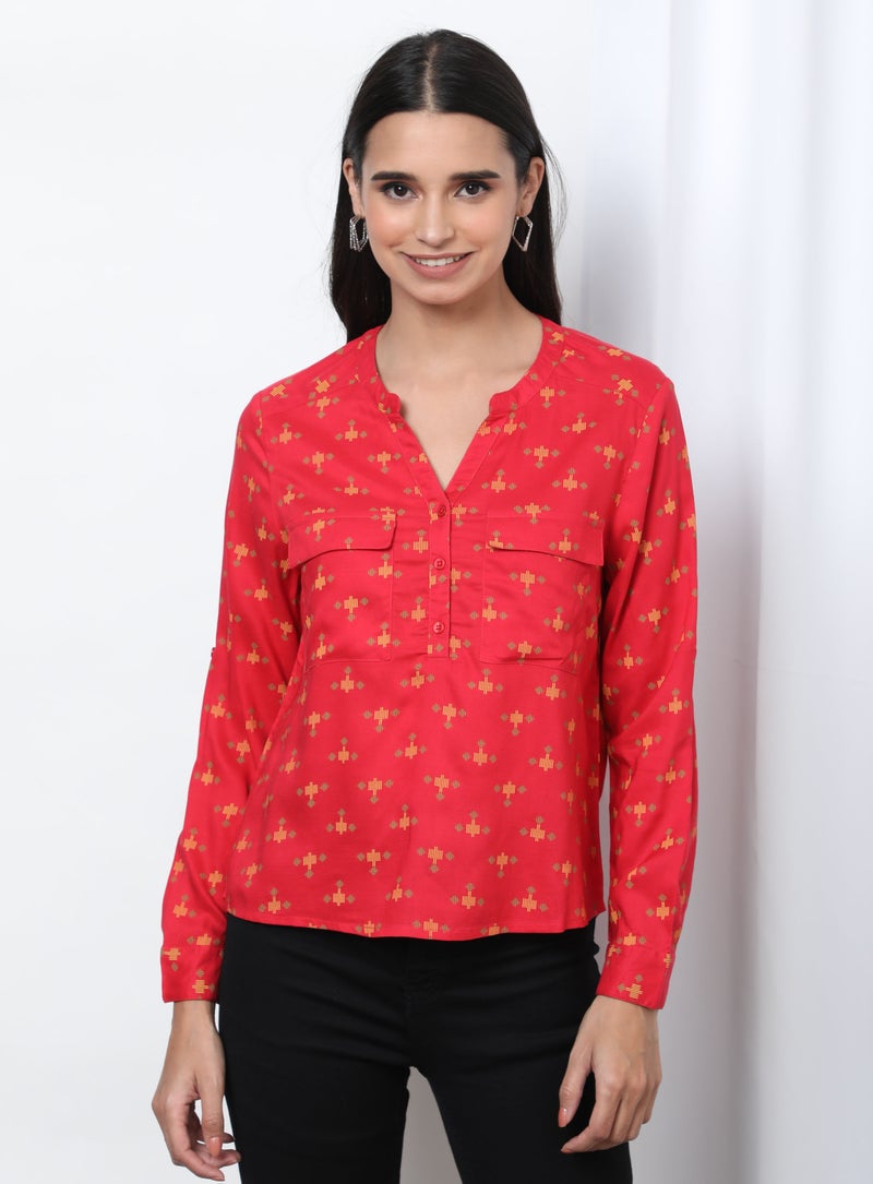 Aila Printed Pattern Notch Neck Top Red Aop - Image 5