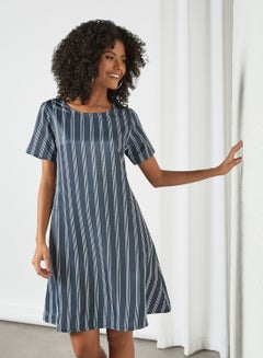 Fashionable Round Neck Dress Blue/White