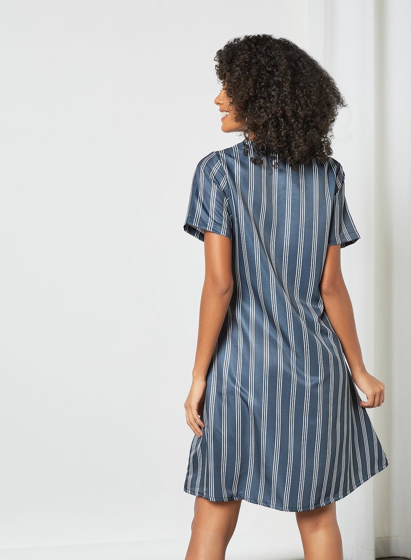Aila - Fashionable Round Neck Dress Blue/White - Image 1