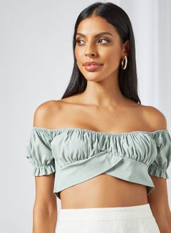 FEMME LUXE Gathered Detail Crop Top Sage Green  - Image 4