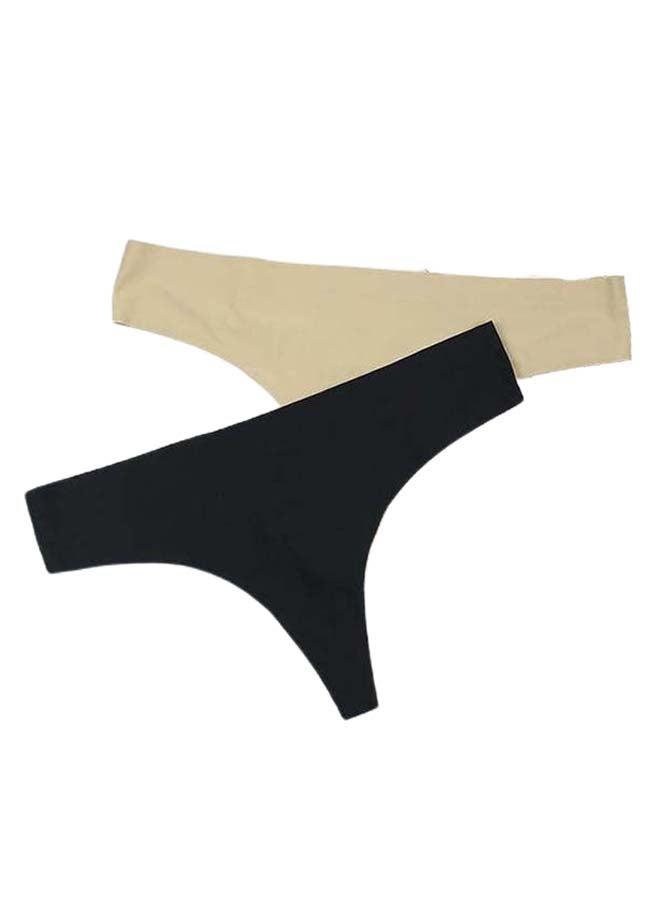 Pack Of 2 Solid Pattern T-Back Thong Panties Black/Beige  - Image 1