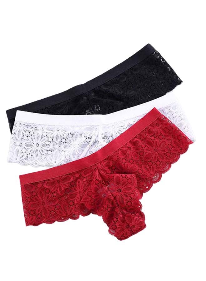Pack Of 3 Lace Design G-String Briefs Red/White/Black - Image 1