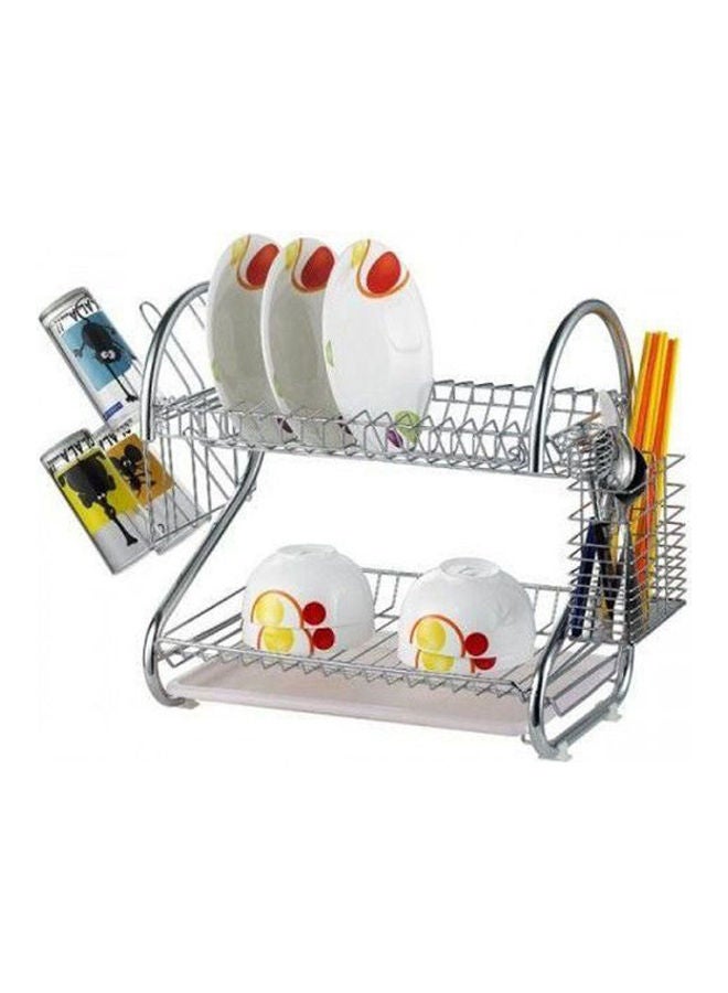 2-Layered Kitchen Dish Racks With Plastic Tray And Side Strainer Silver