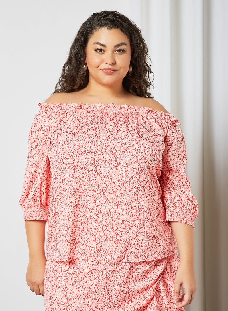 VERO MODA - Plus Size Floral Print Bardot Top Pink - Image 1