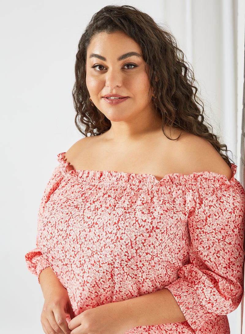 VERO MODA - Plus Size Floral Print Bardot Top Pink - Image 1