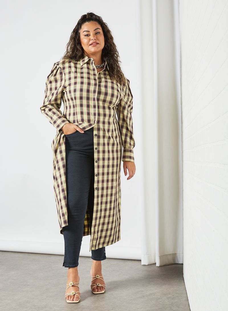 LOST INK - Plus Size Checked Midi Shirt Dress Yellow - Image 1