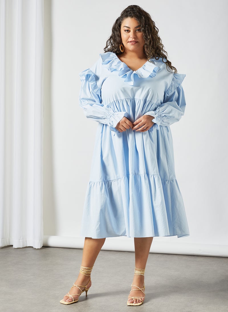 LOST INK - Plus Size Ruffle Trim Midi Dress Blue - Image 1