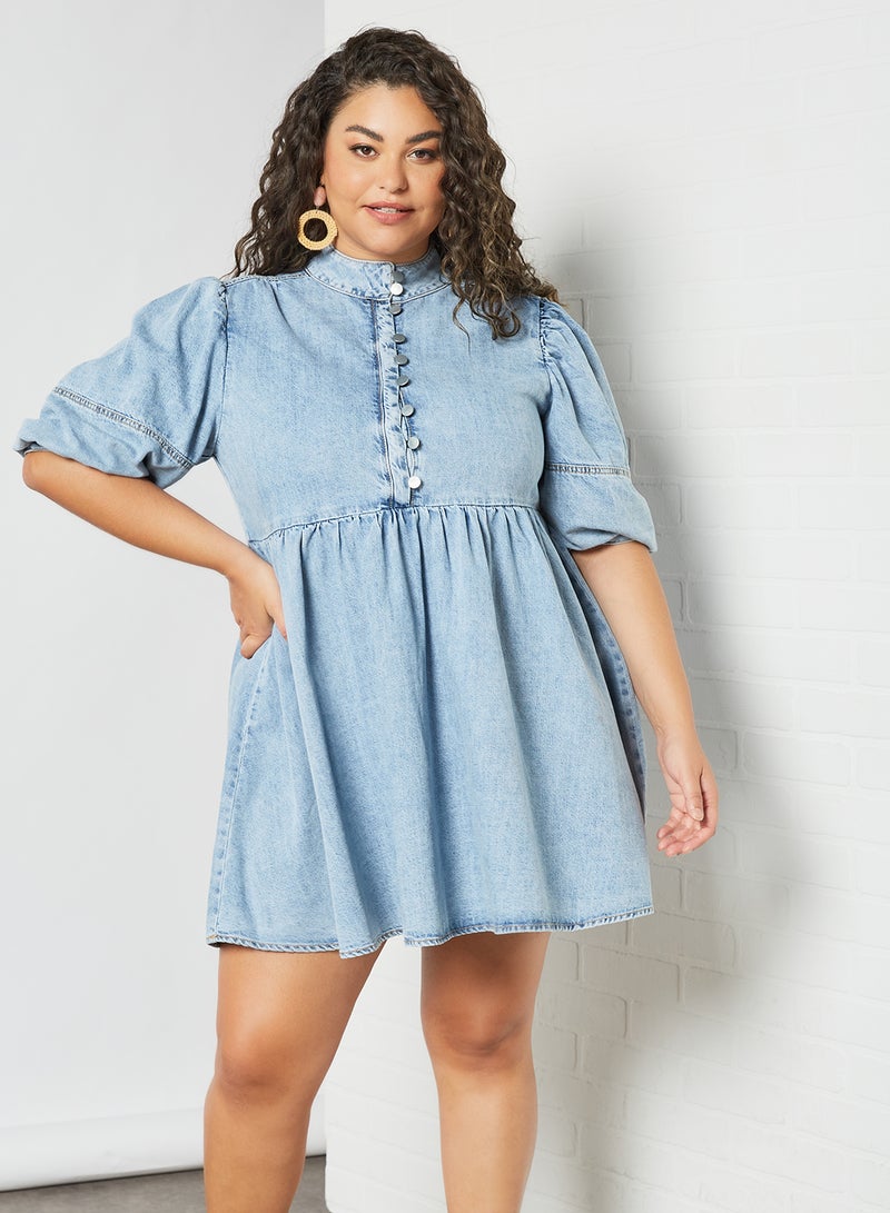 LOST INK Plus Size High Neck Denim Dress Blue  - Image 1