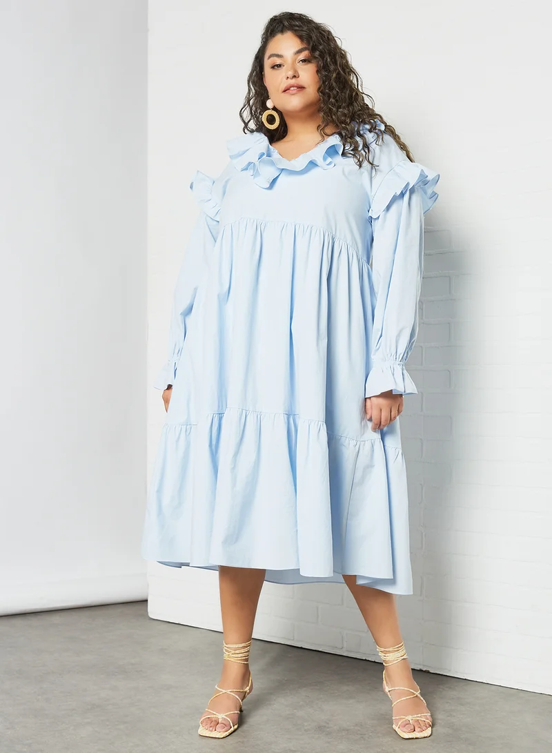 LOST INK Plus Size Ruffle Trim Midi Dress Blue