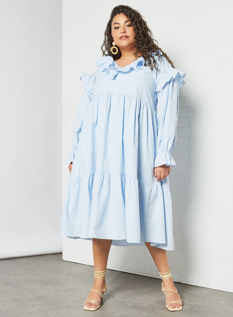 LOST INK - Plus Size Ruffle Trim Midi Dress Blue - Image 1