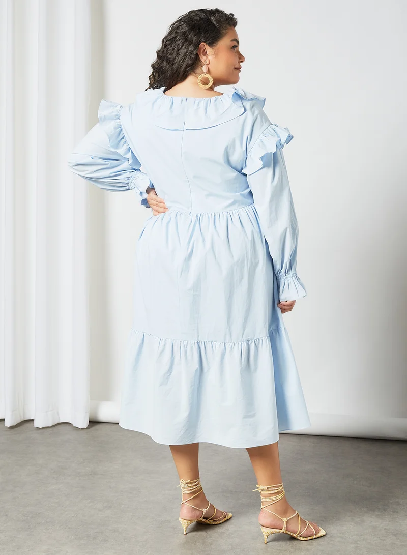 LOST INK Plus Size Ruffle Trim Midi Dress Blue