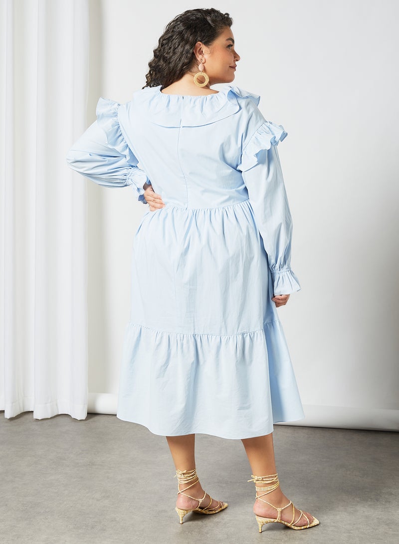LOST INK - Plus Size Ruffle Trim Midi Dress Blue - Image 1