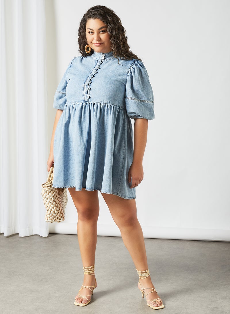 LOST INK Plus Size High Neck Denim Dress Blue  - Image 2