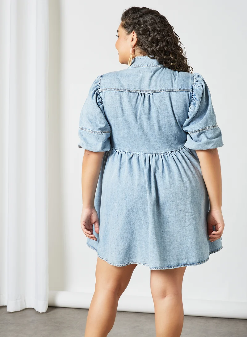 LOST INK Plus Size High Neck Denim Dress Blue