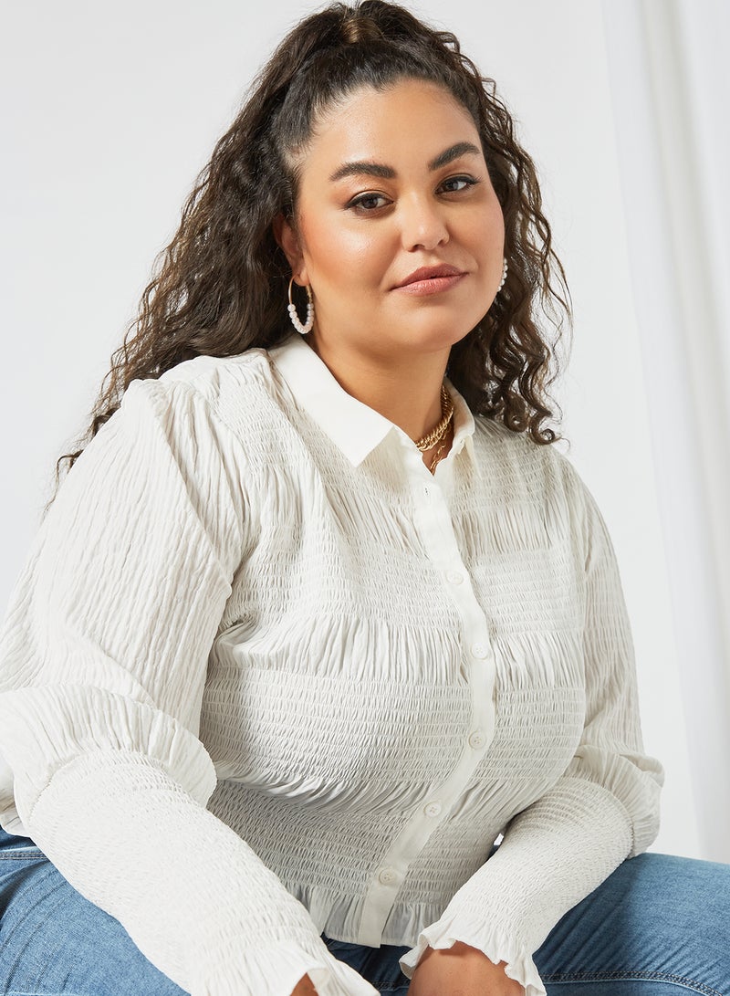 LOST INK Plus Size Shirred Detail Shirt White  - Image 3