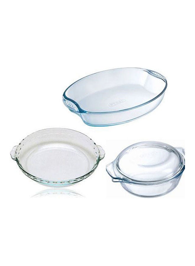 PYREX Set Of 4 Bakware 1-Rectangular  Dish 35x24 cm - Round Dish 22 cm Casserole With Lid 3.2L Clear 