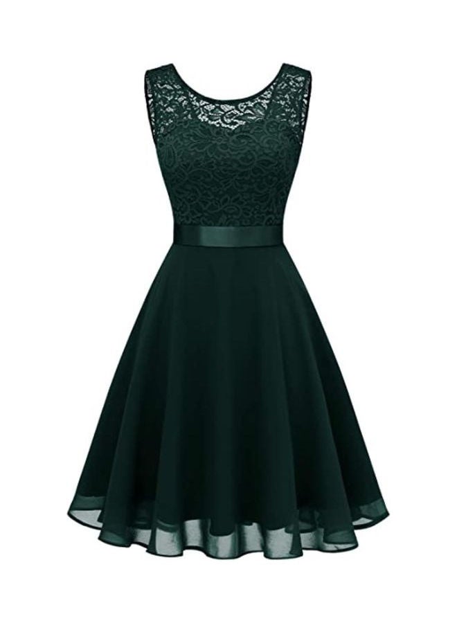 Floral Lace A-Line Dress Dark Green - Image 1