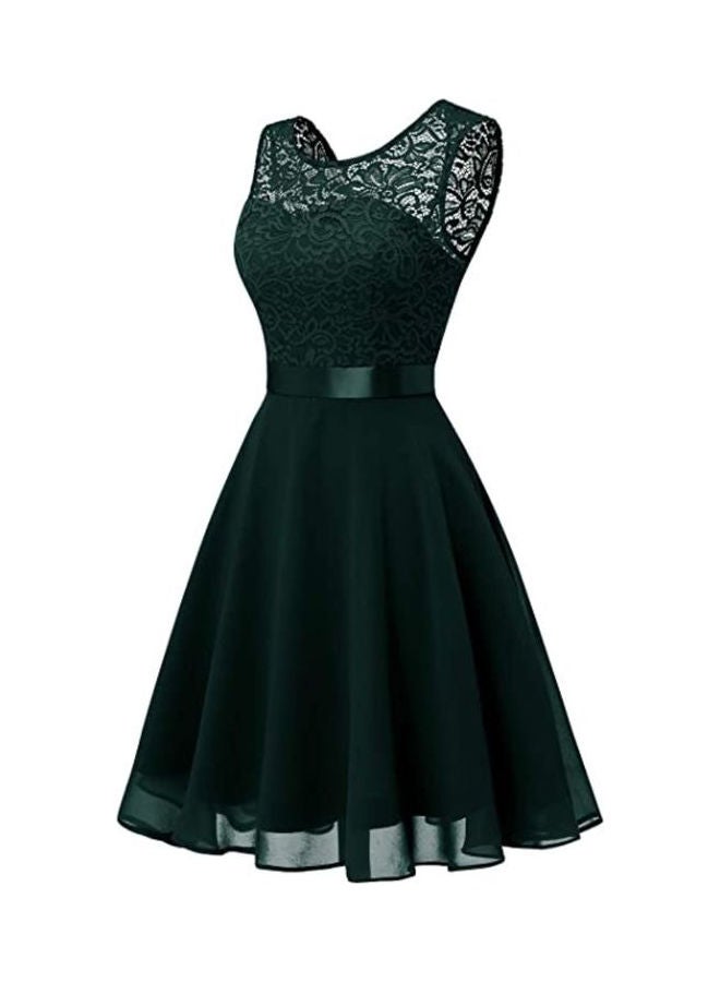 Floral Lace A-Line Dress Dark Green - Image 2
