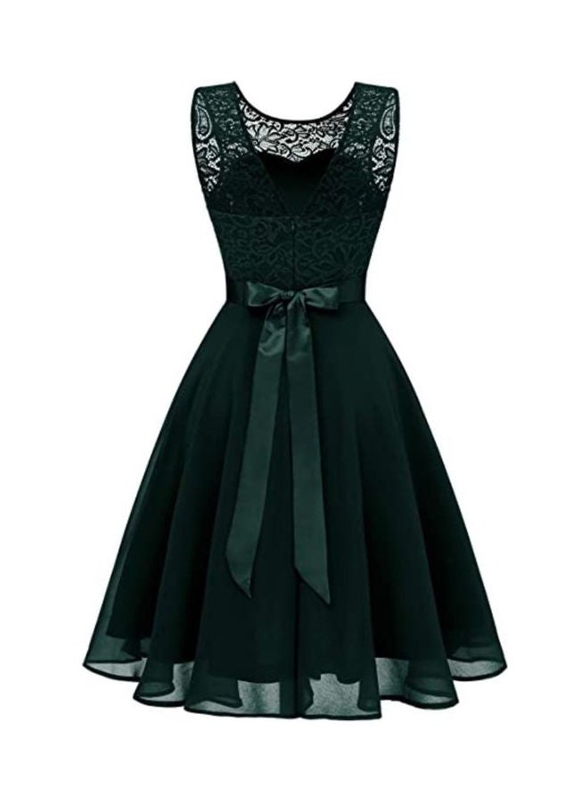 Floral Lace A-Line Dress Dark Green - Image 3